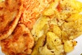 Fried chicken roasted potatos and carrot salad Royalty Free Stock Photo