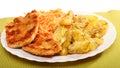 Fried chicken roasted potatos and carrot salad Royalty Free Stock Photo