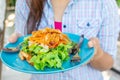 Fried chicken salad in woman`s hands,green clean and healthy foo Royalty Free Stock Photo