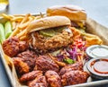 Fried chicken sandwich and cheeseburger in tray with fries and boneless wings