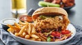 Fried chicken sandwich with coleslaw and french fries