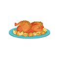 Fried chicken served with potatoes on a plate, tasty poultry dish vector Illustration on a white background
