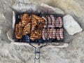 Fried chicken steak. A picnic in nature, poultry is cooked on a fire. Grilled meat dish with smoke. Outdoor cooking