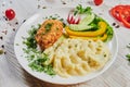 Fried chicken steak or schnitzel with mashed potatoes on black stone table. Royalty Free Stock Photo