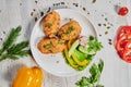 Fried chicken steak or schnitzel with mashed potatoes on black stone table. Royalty Free Stock Photo