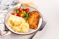 Fried chicken steak or schnitzel with mashed potatoes and vegetables salad in plate Royalty Free Stock Photo