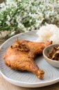 Fried chicken and sticky rice. Royalty Free Stock Photo