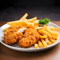 Fried chicken strips with french fries on white plate and black background Royalty Free Stock Photo