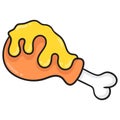 Fried chicken thigh covered in melted cheese sauce. carton emoticon. doodle icon drawing