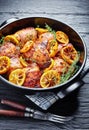 Fried Chicken Thighs With Roasted Lemon Slices Royalty Free Stock Photo