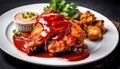 fried chicken thighs with sauce on a white background, the plate fits into a frame with free space