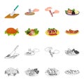 Fried chicken, vegetable salad, shish kebab with vegetables, fried sausages on a plate. Food and Cooking set collection