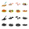 Fried chicken, vegetable salad, shish kebab with vegetables, fried sausages on a plate. Food and Cooking set collection