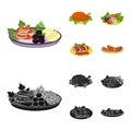 Fried chicken, vegetable salad, shish kebab with vegetables, fried sausages on a plate. Food and Cooking set collection