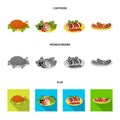 Fried chicken, vegetable salad, shish kebab with vegetables, fried sausages on a plate. Food and Cooking set collection