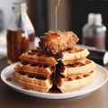 Fried chicken with waffles and syrup. Crispy homemade fried chicken on top of homemade buttermilk waffles with maple syrup