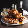 Fried chicken with waffles and syrup. Crispy homemade fried chicken on top of homemade buttermilk waffles with maple syrup