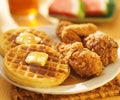 Fried chicken and waffles with watermelon Royalty Free Stock Photo