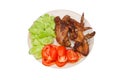Fried Chicken Wing with Fish Sauce with Fresh Tomato and Cucumber on Plate, Isolated Royalty Free Stock Photo