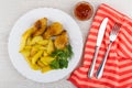 Fried chicken winglets in breading with potato in plate, ketchup