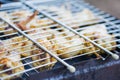 Fried chicken wings on barbecue grill. Fast food product on the grid. Selective focus Royalty Free Stock Photo