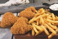 Fried chicken wings breaded crispy with sauce and french fries Royalty Free Stock Photo