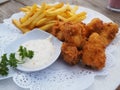 Fried chicken wings, french fries and mayonnaise on plate Royalty Free Stock Photo