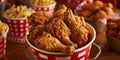 Fried Chicken wings and legs. Bucket full of crispy kentucky fried chicken on red background Royalty Free Stock Photo