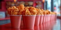 Fried Chicken wings and legs. Bucket full of crispy kentucky fried chicken on red background Royalty Free Stock Photo