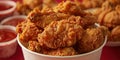 Fried Chicken wings and legs. Bucket full of crispy kentucky fried chicken on red background Royalty Free Stock Photo