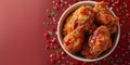 Fried Chicken wings and legs. Bucket full of crispy kentucky fried chicken on red background Royalty Free Stock Photo