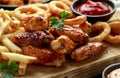Fried Chicken wings with onion rings, french fries and dipping sauce. take away food Royalty Free Stock Photo