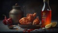 Fried Chicken Wings With Red Chillies on Antique Wooden Table. Breaded Crispy Fried Kentucky Chicken Tasty Dinner AI Generative Royalty Free Stock Photo