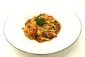 Fried Chinese noodles with vegetables and a cauliflower and with pork and shrimps. Royalty Free Stock Photo