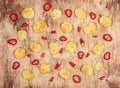 Fried chips and red peppers. Royalty Free Stock Photo