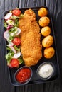 Fried cod fillet in breading with a garnish of new potatoes and fresh vegetable salad close-up on the table. Vertical top view Royalty Free Stock Photo