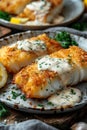 fried cod fillet with cream sauce and lemon Royalty Free Stock Photo