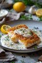 fried cod fillet with cream sauce and lemon Royalty Free Stock Photo