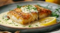fried cod fillet with cream sauce and lemon Royalty Free Stock Photo
