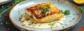 fried cod fillet with cream sauce and lemon Royalty Free Stock Photo