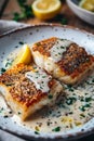 fried cod fillet with cream sauce and lemon Royalty Free Stock Photo