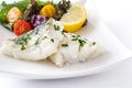 Fried cod fillet and salad in plate isolated Royalty Free Stock Photo