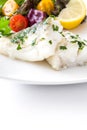 Fried cod fillet and salad in plate isolated Royalty Free Stock Photo