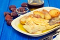 Fried cod fish with chestnuts and potato Royalty Free Stock Photo