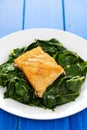Fried cod fish with greens on white plate on blue background Royalty Free Stock Photo