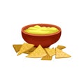 Nnachos and cheese sauce in brown ceramic bowl. Traditional Mexican snack. Flat vector element for flyer or cafe menu
