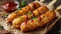 Fried corn dogs on a stick, on rustic background