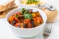 Fried Creole Aubergines Served with Penne Pasta and Parsley