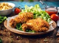 Fried crispy chicken drumstick in batter on plate with cherry tomato tartar sauce and lettuce