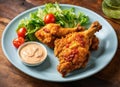 Fried crispy chicken drumstick in batter on plate with cherry tomato tartar sauce and lettuce